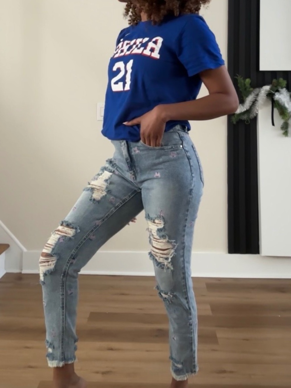 Distressed Denim Cropped Butterfly Jeans
